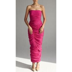 RETROFETE Crystal Embellished Ruched Draped Strapless Bodycon Maxi Dress Sz XS